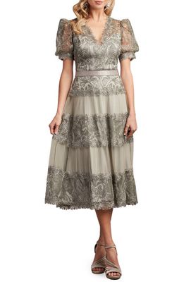 Tadashi Shoji Embroidered Lace Tiered Midi Dress in Duchess Grey