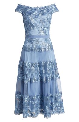 Tadashi Shoji Embroidered Off the Shoulder Midi Dress in Blue Stone