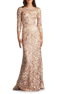Tadashi Shoji Floral Embroidered Bateau Neck Gown in Pebble