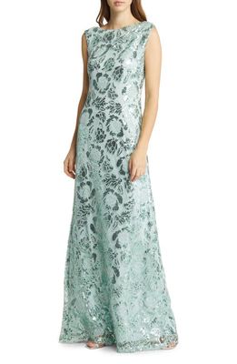 Tadashi Shoji Floral Sequin Lace Gown in Frosted Jade