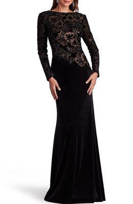 Tadashi Shoji Floral Sequin Long Sleeve Gown in Black/Nude