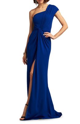 Tadashi Shoji Knotted One-Shoulder Evening Gown in Mystic Blue