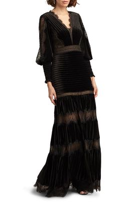 Tadashi Shoji Long Sleeve Lace Inset Velvet A-Line Gown in Black