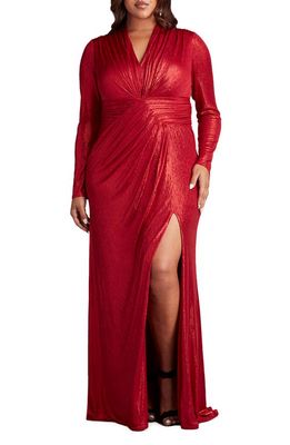 Tadashi Shoji Metallic Long Sleeve Gown in Deep Red