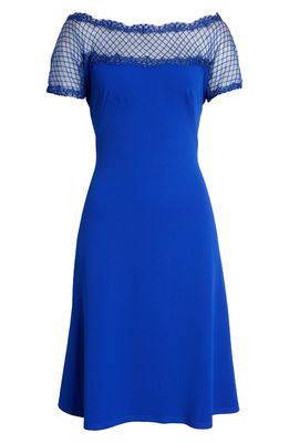 Tadashi Shoji Net Illusion Mesh Fit & Flare Dress in Royal Blue