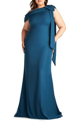 Tadashi Shoji One-Shoulder Bow Crepe Gown in Eclipse