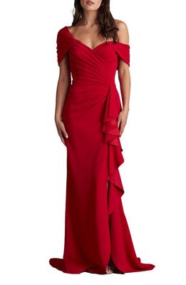 Tadashi Shoji Pleated One Shoulder Crepe Gown in Scarlet