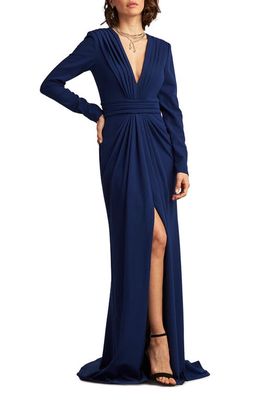 Tadashi Shoji Plunge Neck Long Sleeve Ruched Crepe Gown in Night Blue