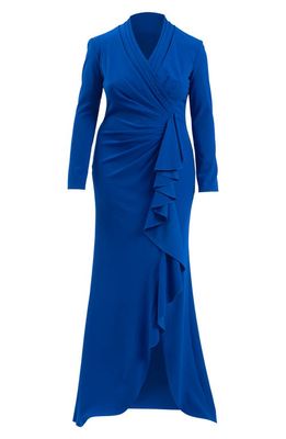 Tadashi Shoji Ruched Long Sleeve Column Gown in Mystic Blue