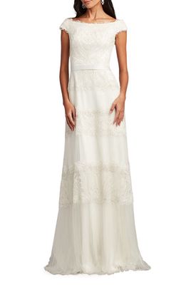 Tadashi Shoji Sequin Corded Lace Off the Shoulder Gown in Ivory