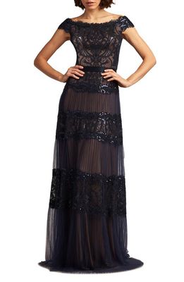 Tadashi Shoji Sequin Corded Lace Off the Shoulder Gown in Navy/Nude