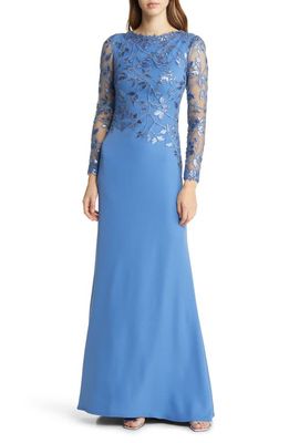 Tadashi Shoji Sequin Lace Long Sleeve Crepe Gown in Cadet Blue