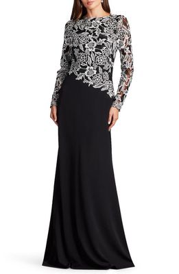 Tadashi Shoji Sequin Lace Long Sleeve Crepe Gown in Ivory/Black