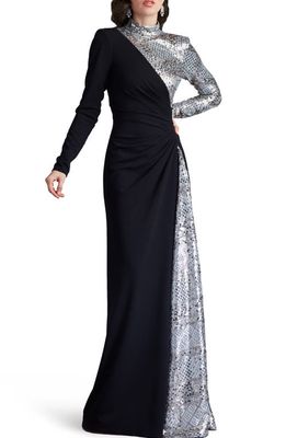 Tadashi Shoji Sequin Patchwork Mixed Media Long Sleeve Gown in Black/Silver