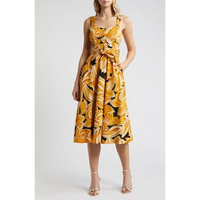 Tahari ASL Abstract Floral Belted Midi Dress in Mustard Black 