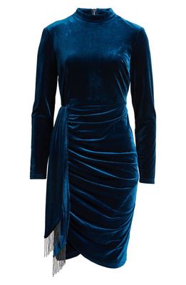 TAHARI ASL Beaded Drape Long Sleeve Stretch Velvet Sheath Dress in River Blue