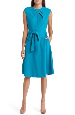 TAHARI ASL Crossover Neck Belted Dress in Peacock