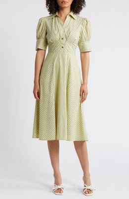 Tahari ASL Directional Stripe Puff Sleeve Shirtdress in Lemonade Blue 