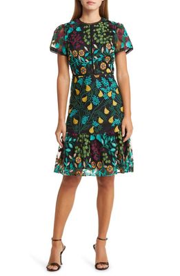 TAHARI ASL Embroidered Short Sleeve Cocktail Dress in Black Forest Wine