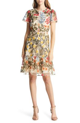 TAHARI ASL Embroidery & Crochet A-Line Dress in Nude/Caper/Red