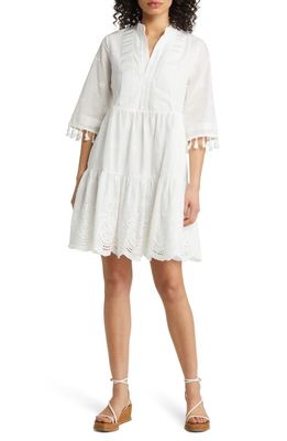 TAHARI ASL Eyelet Embroidery Tiered Cotton Shift Dress in Ivory