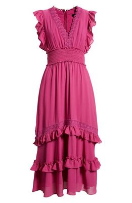 TAHARI ASL Lace Trim Tiered Georgette Dress in Wild Berry