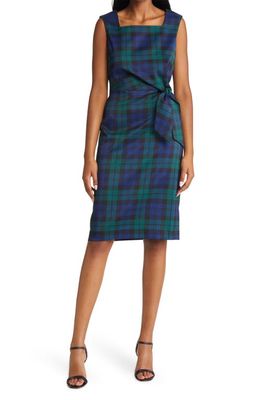 TAHARI ASL Plaid Side Tie Scuba Crepe Sheath Dress in Cedar/navy Plaid