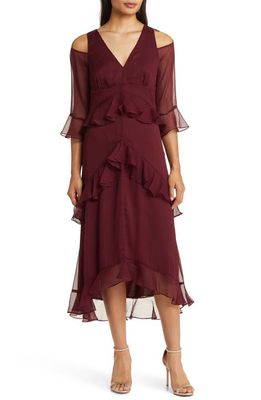 TAHARI ASL Ruffle Cold Shoulder Long Sleeve Midi Dress in Burgundy