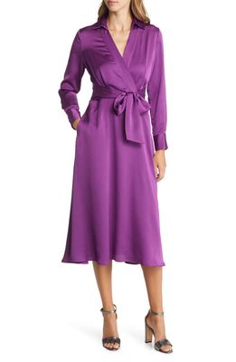 TAHARI ASL Tie Front Long Sleeve V-Neck Satin Shirtdress in Amethyst