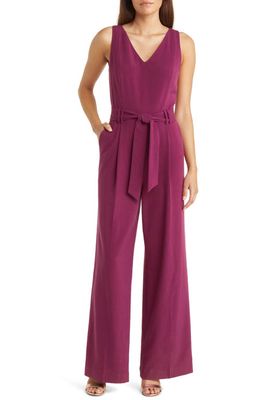 Tahari ASL Tie Waist Sleeveless Crepe Jumpsuit in Wine