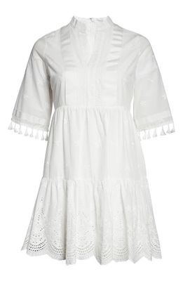 Tahari Eyelet Embroidered Cotton Babydoll Dress in Ivory