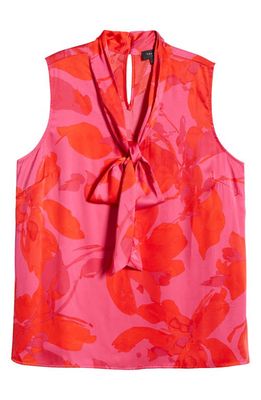 Tahari Floral Bow Neck Sleeveless Matte Charmeuse Blouse in Hot Pink/Tomato