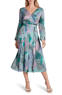 Tahari Long Sleeve Geometric Midi Dress in Sage Orchid Geo