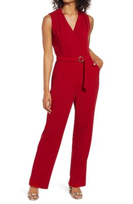 Tahari Sleeveless Faux Wrap Jumpsuit in Garnet Red