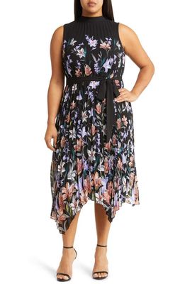 Tahari Sunburst Floral Print Pleated Dress in Black/Lilac/Peach