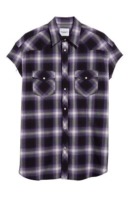 TAKAHIROMIYASHITA TheSoloist. x Rafu Plaid Cutoff Sleeve Snap-Up Western Shirt in Purple 