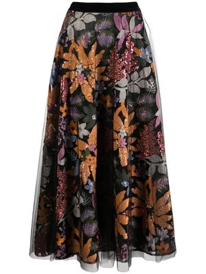 Talbot Runhof floral-embroidery tulle-overlay skirt - Black