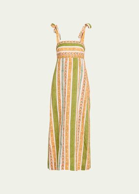 Tali Tie-Shoulder Printed Linen Maxi Dress