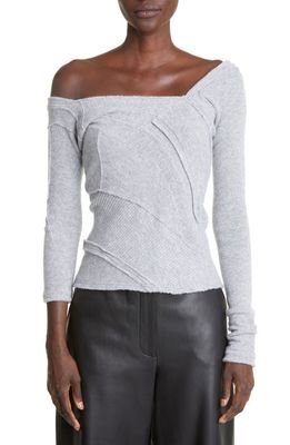 Talia Byre Patched Off the Shoulder Virgin Wool Sweater in Heather Grey