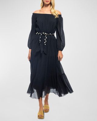 Talon Belted Off-The-Shoulder Tiered Midi Dress