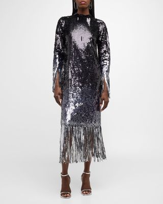 Talya Mock-Neck Ombré Sequin Fringe Midi Dress