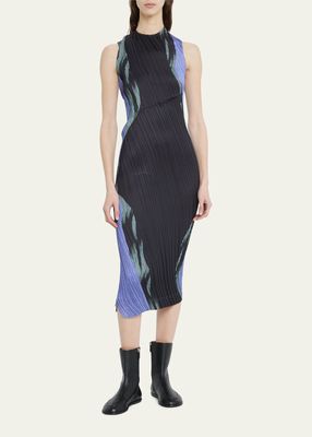 Tangible Pleats Colorblock Asymmetric Midi Dress