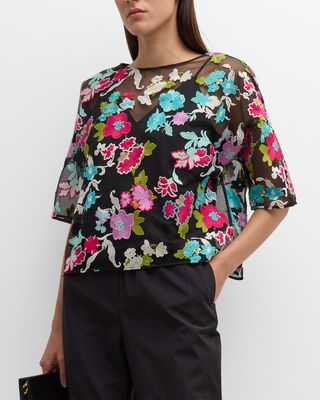 Tangier Floral-Embroidered Tulle Blouse