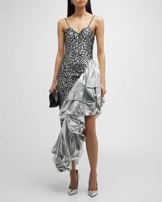 Tanika Metallic Leopard Jacquard Ruffle High-Low Dress