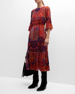 Tanya Bell-Sleeve Velvet Burnout Midi Dress