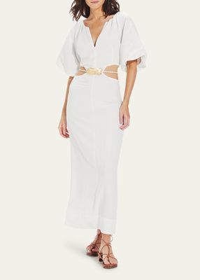 Tanya Linen Puff-Sleeve Maxi Dress
