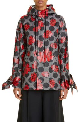 Tao Comme des Garçons Floral Oversize Wool & Silk Hooded Jacket in Black/White/Red