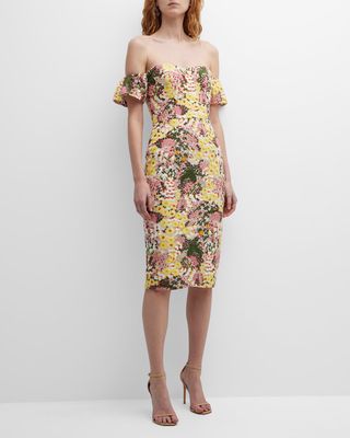 Tara Off-Shoulder Floral-Embroidered Midi Dress