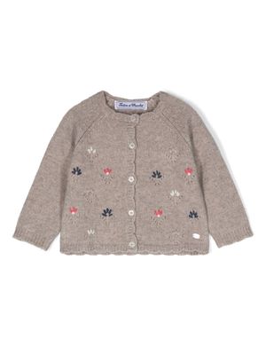 Tartine Et Chocolat floral-embroidered ribbed cardigan - Neutrals
