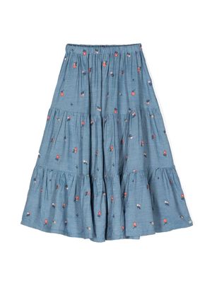 Tartine Et Chocolat floral-embroidered tiered skirt - Blue